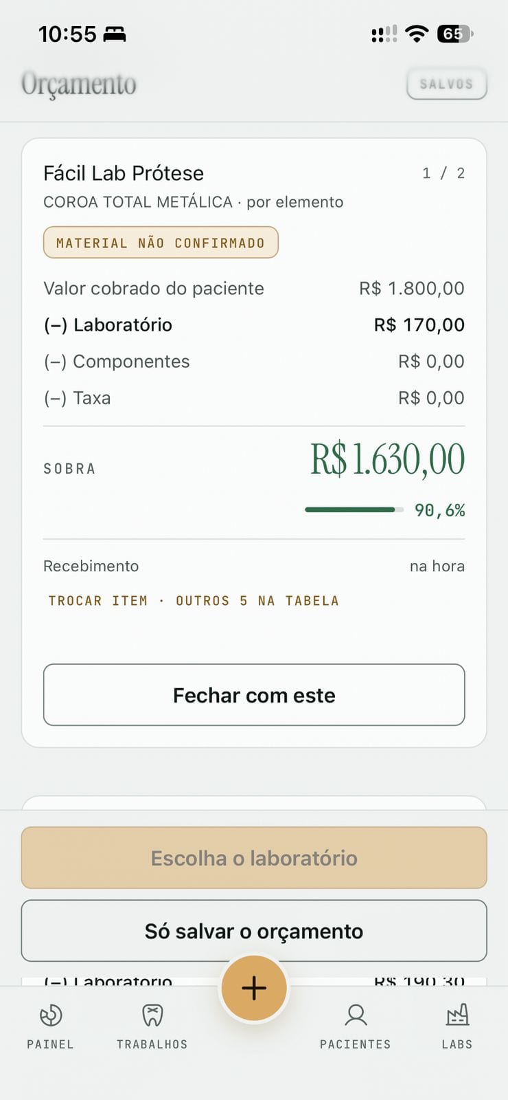 A tela de orçamento, laboratório 1 de 2: coroa total metálica por elemento, R$ 1.800,00 cobrados do paciente, R$ 170,00 de laboratório, sobra de R$ 1.630,00 (90,6%), e o botão Fechar com este.