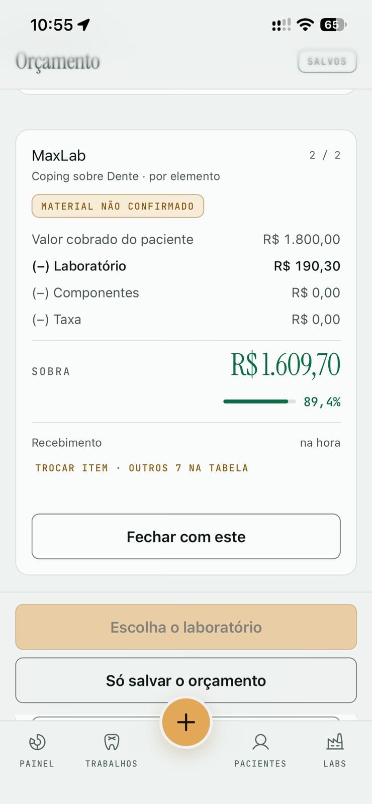 A mesma tela de orçamento, laboratório 2 de 2: coping sobre dente por elemento, R$ 190,30 de laboratório, sobra de R$ 1.609,70 (89,4%).
